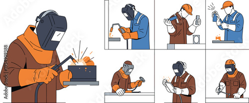 Flat vector illustration featuring professional welders in protective equipment performing various metalwork tasks like arc welding, grinding, part inspection, and using heavy industrial tools.