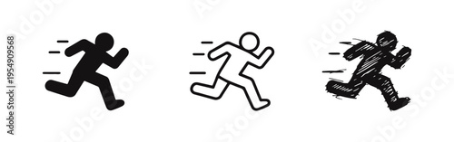 Running Person Icon Set. Sprinting Man with Speed Lines in Vector, Outline, and Hand-Drawn Doodle Styles.
