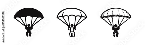 Parachutist Skydiving Icons. Extreme Sport Skydiver with Parachute Symbols in Vector and Hand-Drawn Style.