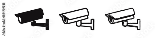 Security Camera Icon Set for Surveillance Systems. Front-Facing CCTV Device in Vector, Outline, and Sketch Styles.