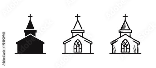 Classic church building icon set, Christian place of worship vector with detailed windows