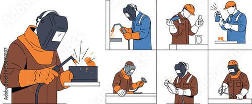 Flat vector illustration set of professional welders in protective gear performing metalwork tasks including arc welding, grinding, inspecting parts, and using industrial tools safely.
