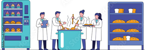 Food industry professionals in white lab coats cooking in large pot with vending machine and bakery shelf display isolated on white background.