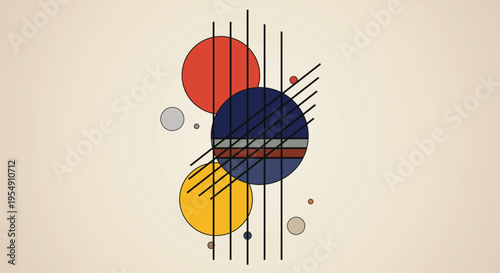 Geometric abstract composition featuring primary colored circles and intersecting black lines inspired by constructivist and modernist artistic styles for design projects.