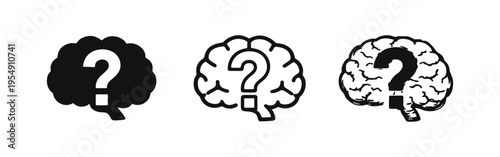Brain with Question Mark Icon Set. Symbolizing thinking, problem-solving, confusion, and inquiry in the mind.