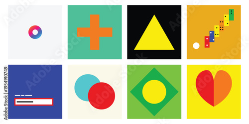 Set of eight diverse colorful icons featuring geometric shapes including a heart triangle plus sign and dominoes for creative interface design.