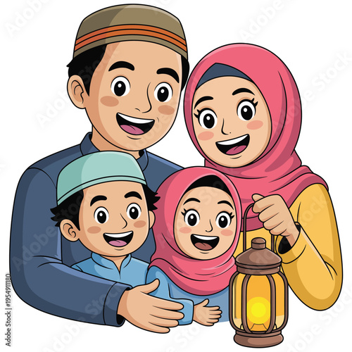 Cheerful muslim family of four wearing traditional clothing and smiling