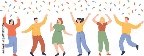 Confetti Celebration: Group of joyful people celebrate an event with confetti. A scene of happiness, friendship and festivity.