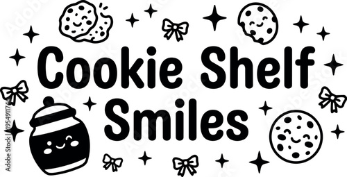 Cookie shelf smiles cheerful text with happy cookies and jars line art