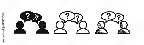 Discussion and Question Icon Set: Two People with Question Mark Speech Bubbles in Solid, Outline, and Hand-Drawn Styles