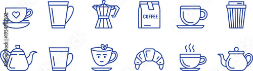 Coffee and Pastries: Assorted cups, a moka pot, and a croissant present a delightful array of coffee-related elements, perfect for illustrating the essence of cafe culture.
