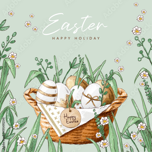 Greeting card with Easter eggs, white flowers, grass, basket and cardboard sign. Happy Easter. Vintage postcard composition. Imitation of pastels, hand-drawn.