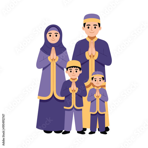 Flat cartoon style of a family of four in matching blue outfits