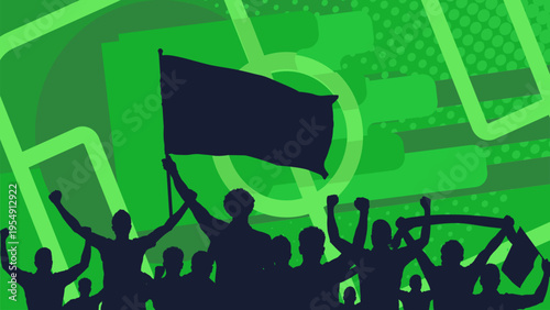 Soccer fans silhouette with flags on green background, football stadium banner with cheering crowd, vector