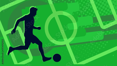 Soccer player silhouette on green abstract background, football banner vector illustration with field lines