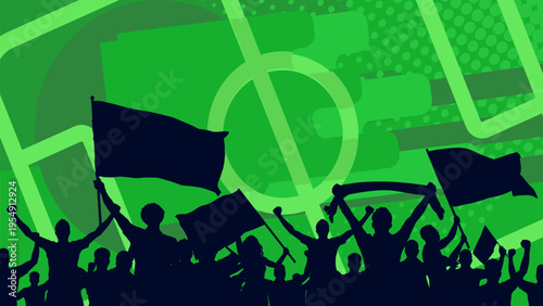 Soccer fans silhouette with flags on green background, football stadium banner with cheering crowd, vector
