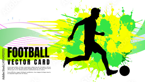 Football player silhouette running with ball, green and yellow ink splash background, vector