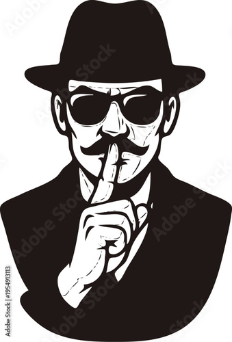 A man in a suit and hat with his finger to his lips Vector