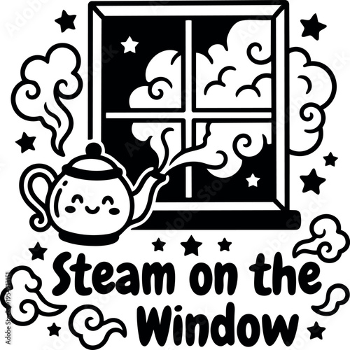 Steam on the window lettering with smiling teapot and swirling steam vector art