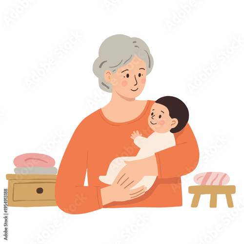 Elderly woman smiling while holding a baby in a cozy indoors setting. Elderly set