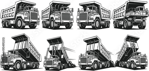 Heavy duty industrial dump truck collection featuring large mining vehicles with open and closed beds for construction site hauling, quarry transport, and earthmoving projects.