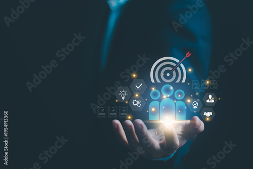 Businessman selecting digital candidate profile icons representing people management, employee relationship, recruitment strategy, and modern human resources solutions. HR digital business.