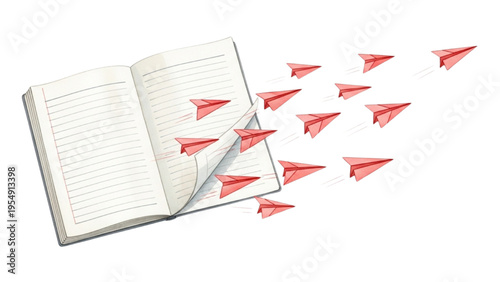 Open Notebook Launching Paper Planes Watercolor Illustration Creativity Ideas Flying from Pages Education Concept