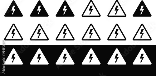 High voltage warning sign icon set with lightning bolt symbol in triangular frames for electrical safety power hazard caution and industrial security labels.