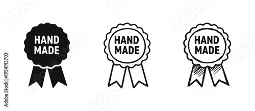 Hand Made Badge and Ribbon Icon Set - Craft and Quality Product Symbol