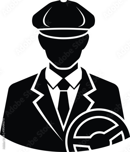 Professional driver silhouette with steering wheel, transportation service concept, chauffeur uniform, taxi driver, automotive industry, driving job, vehicle operator illustration