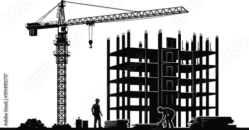 Construction site silhouette with tower crane, building structure, industrial development, urban architecture, engineering project, heavy equipment, contractor work illustration concept