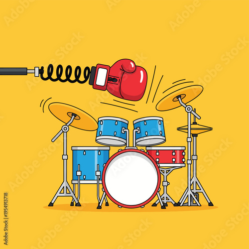 Boxing glove on spring hitting drum set on yellow background
