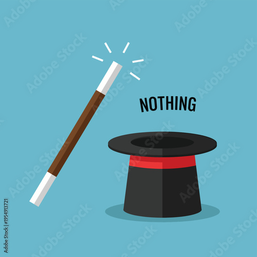Magic wand and top hat with word nothing written next to it on blue background