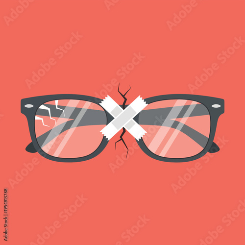 Broken eyeglasses repaired with white tape, symbolizing resilience, repair, or overcoming damage.