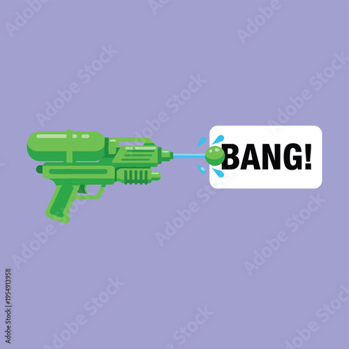 Green plastic water gun shooting water with text bang on white banner against purple background