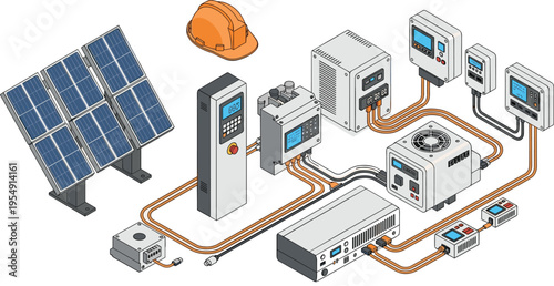 Isometric Vector Illustration of a Solar Power Energy System Featuring Photovoltaic Panels Hard Hat Electrical Inverters Control Panels and Wiring for Renewable Green Technology