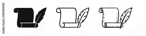 Scroll and quill pen icon set in solid, outline, and hand-drawn styles, symbolizing education, literature, and history.