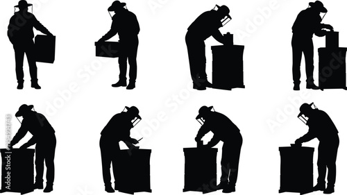 Industrial worker silhouettes with protective mask, factory labor process, manufacturing activity, safety equipment, production work, technician job, industry illustration concept