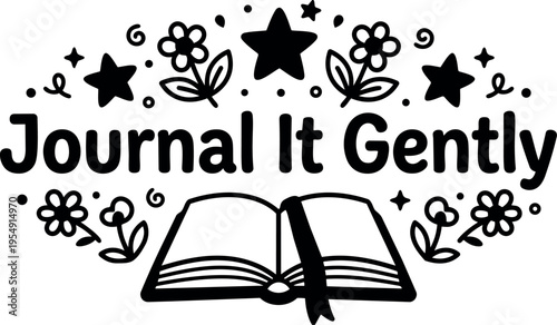 Journal it gently text with open book and floral stars vector art