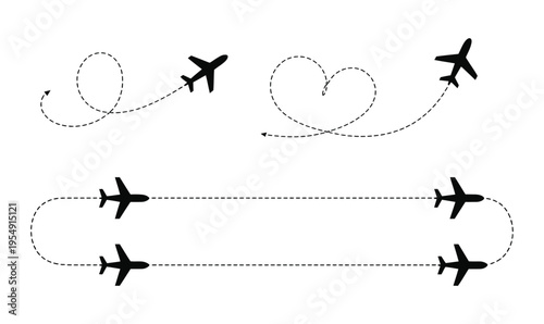 Airplane Flight Path Vector Set with Heart Loop and Dashed Line Routes for Travel Design Elements