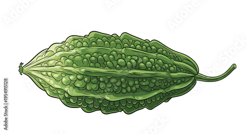 Detailed illustration of a single bitter melon, characterized by its elongated shape and rough, warty green skin, a popular vegetable in Asian cuisine.
