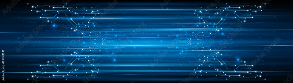 Obraz premium Blue glowing lines with glitter light effect on dark background. High speed internet technology concept or fast wireless data transmission. modern internet network connection technology background