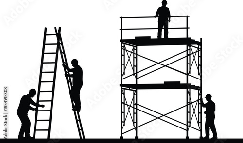 Construction workers silhouettes with ladder and scaffolding, building site teamwork, industrial labor, safety work concept, maintenance repair, contractor illustration