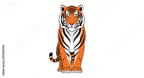 Powerful illustration of a majestic tiger standing front-facing, showcasing its distinctive orange and black stripes and intense gaze, on a white background.