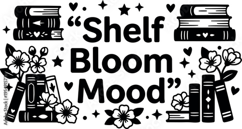 Black and white shelf bloom mood with flowers and books vector art