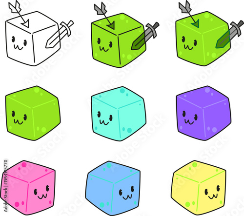 Playful collection of cartoon gelatinous cubes in diverse colors, each visibly holding a weapon trapped inside its gooey form. Creative assets ideal for diverse monster encounters in game development 