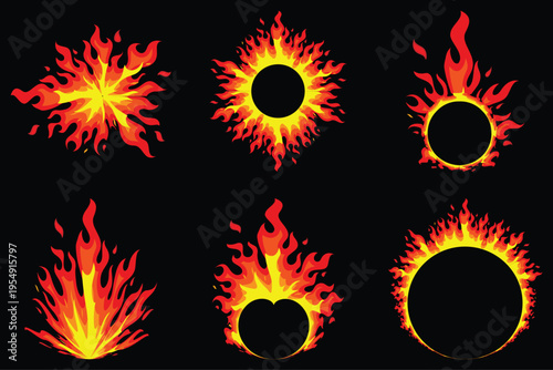 Collection of bright fire flame shapes and solar eclipse effects isolated on black background. Abstract glowing energy, heat, explosion and burning elements for design use.