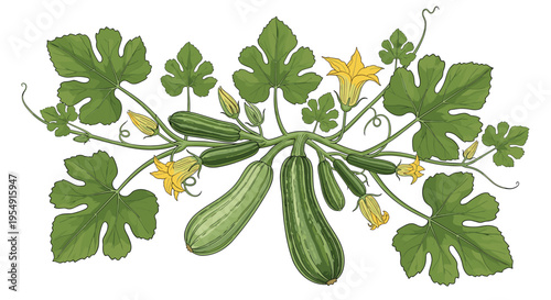 Beautiful botanical illustration of a zucchini plant featuring several green zucchinis in various sizes, vibrant yellow flowers, and broad green leaves on a white background.