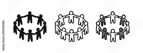Hand drawn people holding hands in a circle icon set representing community and unity.