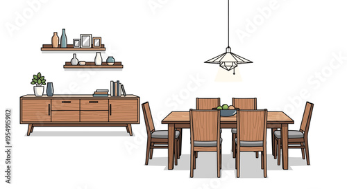 Elegant illustration of a modern dining room featuring a long wooden dining table with six chairs, a matching sideboard, and two wall shelves adorned with decorative items.